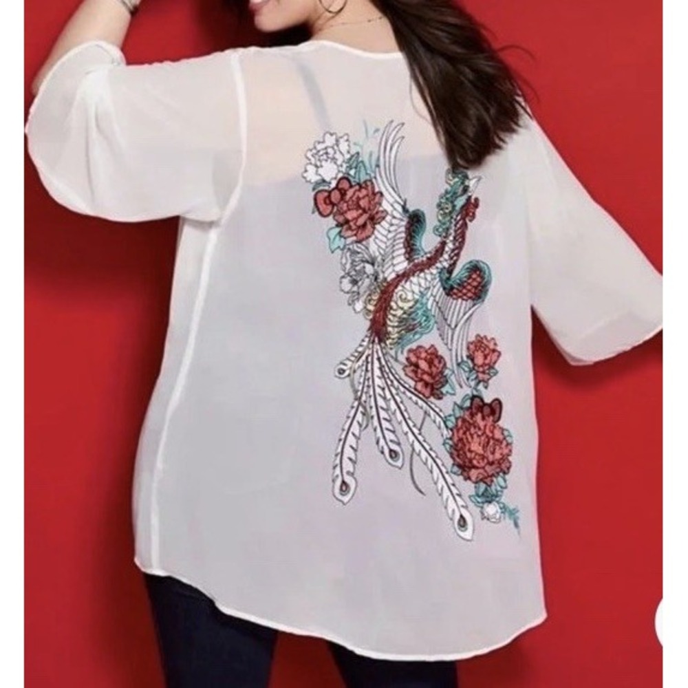 Torrid Hello Kitty Chiffon Phoenix Embroidered Kimono Open Front Size 2 White